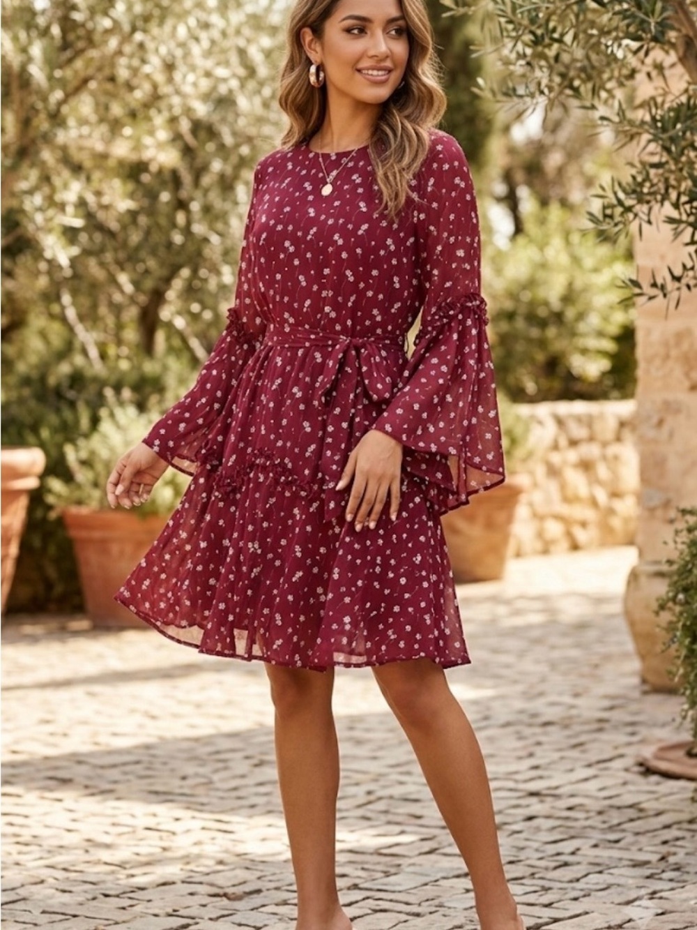 Showpo Burgundy Floral Tiered Mini Dress